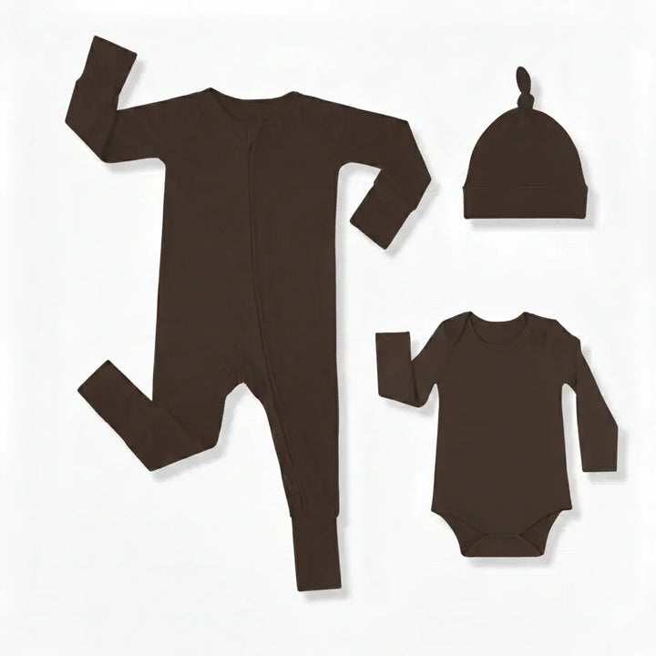 Premium Bambus Baby Geschenkset (Strampler mit Reißverschluss + Body + Knotenmütze)