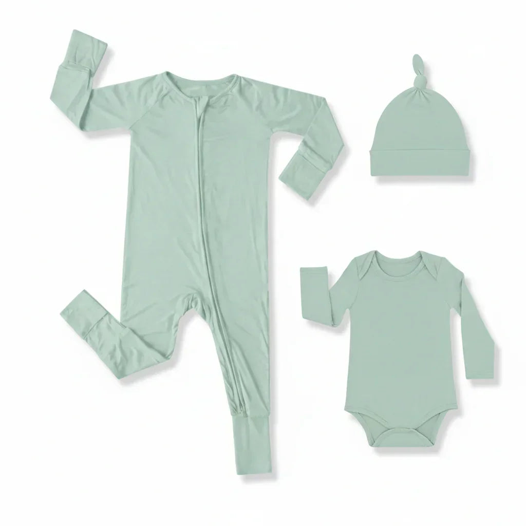 Premium Bambus Baby Geschenkset (Strampler mit Reißverschluss + Body + Knotenmütze)