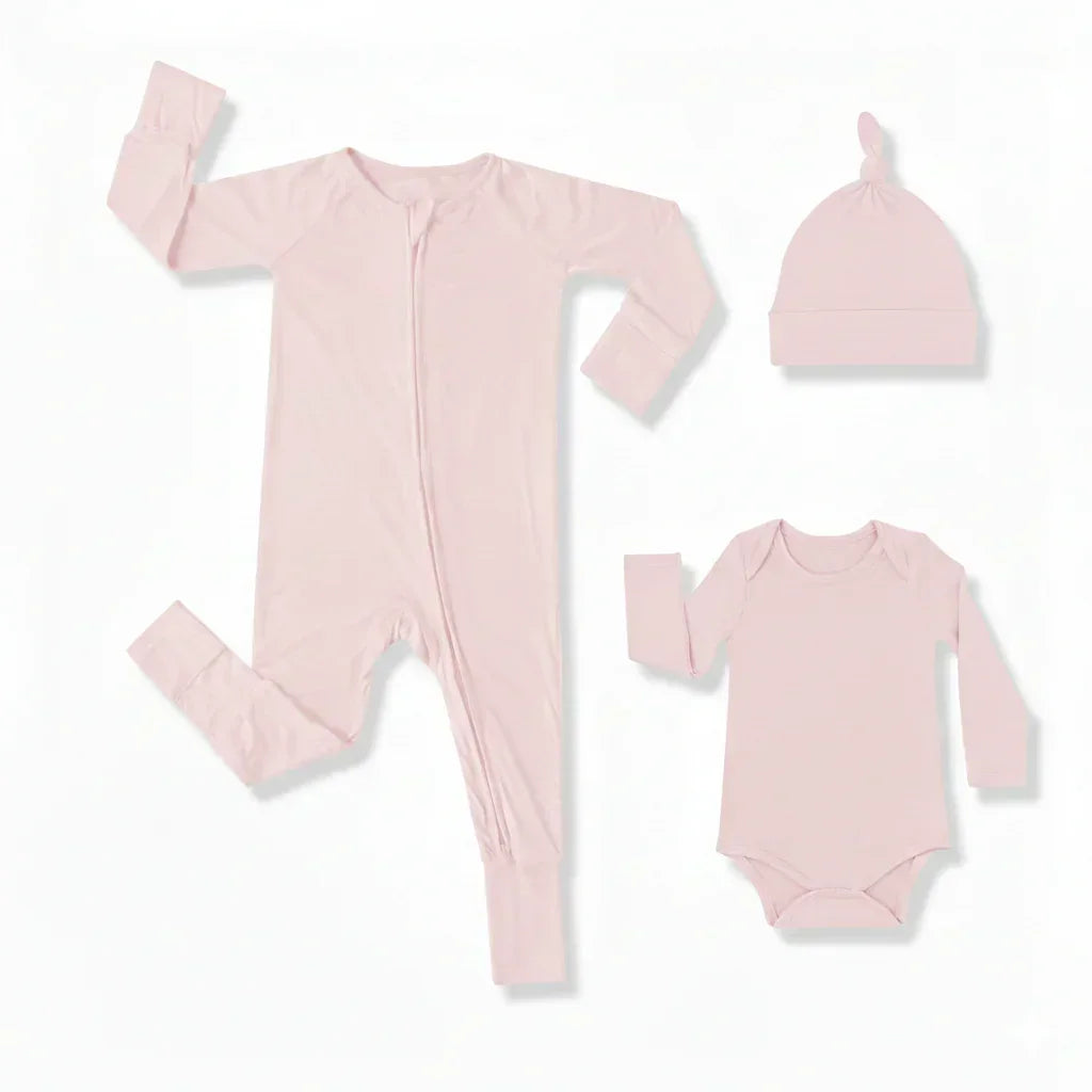 Premium Bambus Baby Geschenkset (Strampler mit Reißverschluss + Body + Knotenmütze)