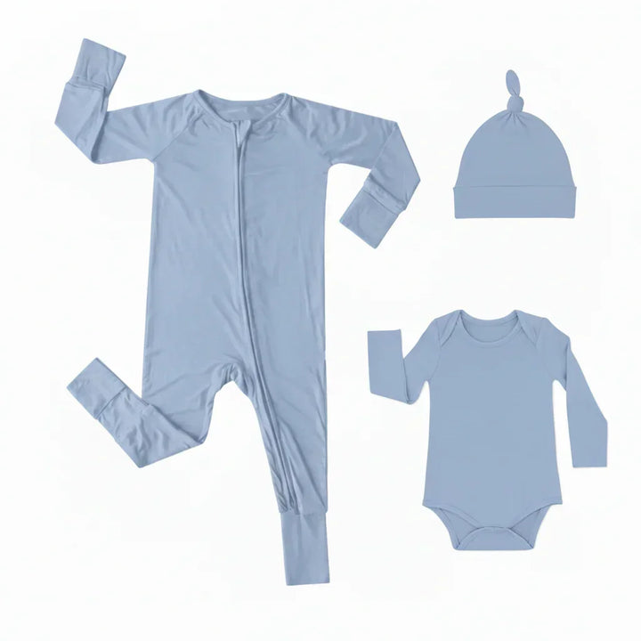 Premium Bambus Baby Geschenkset (Strampler mit Reißverschluss + Body + Knotenmütze)