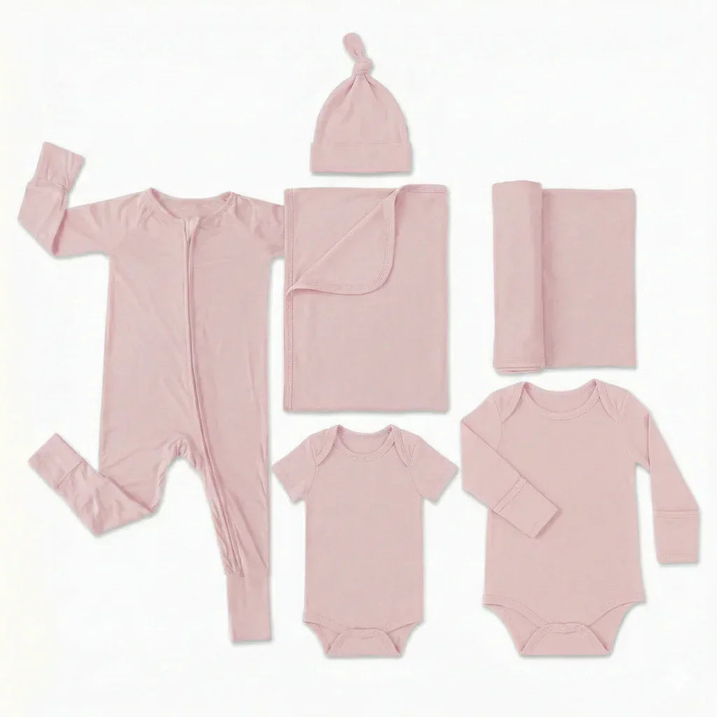 Krankenhaustaschen-Set (langer Strampler mit Reißverschluss + Body langärmlig + Body kurzärmlig + Knotenmütze + Babydecke + Pucktuch)