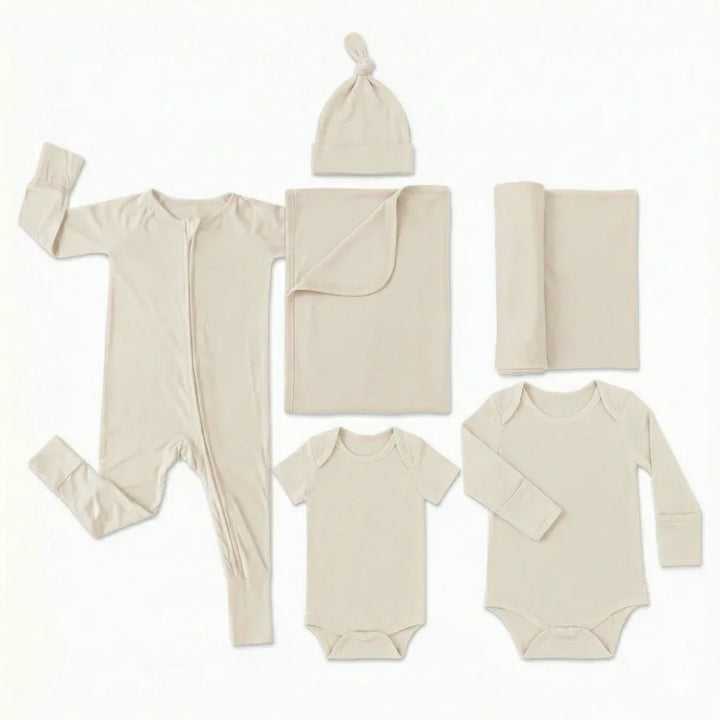 Krankenhaustaschen-Set (langer Strampler mit Reißverschluss + Body langärmlig + Body kurzärmlig + Knotenmütze + Babydecke + Pucktuch)