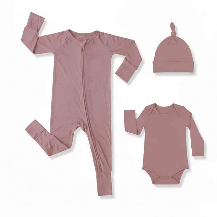 Premium Bambus Baby Geschenkset (Strampler mit Reißverschluss + Body + Knotenmütze)