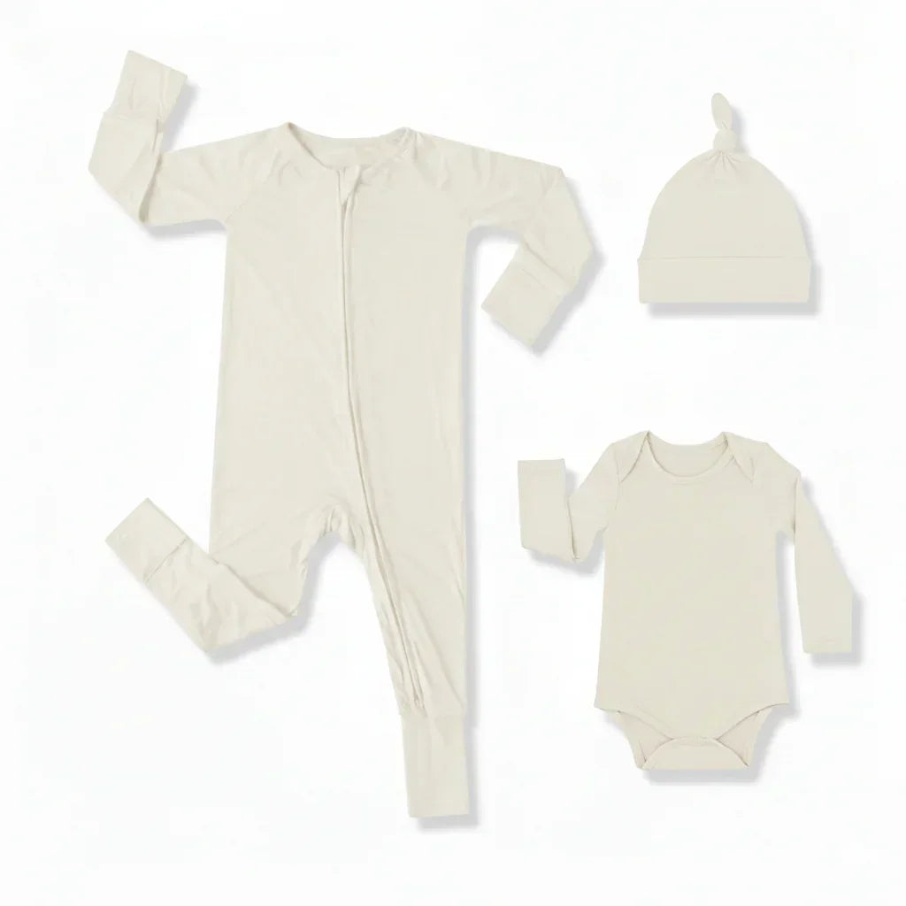 Premium Bambus Baby Geschenkset (Strampler mit Reißverschluss + Body + Knotenmütze)