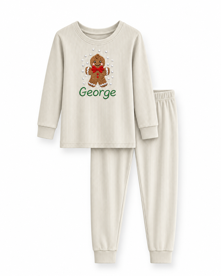 Christmas Gingerbread Man Embroidered Ribbed Bamboo Two Piece Long Sleeve Pajama Set