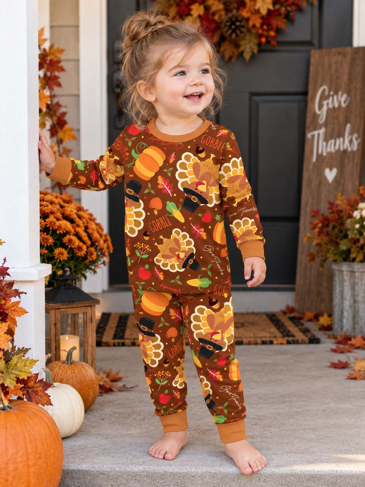 Give Thanks Turkey Harvest Pattern Bamboo Two Piece Long Sleeve Pajama Set