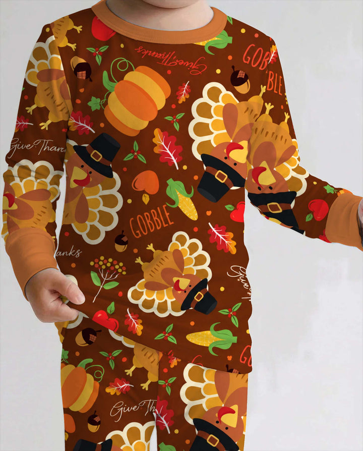 Give Thanks Turkey Harvest Pattern Bamboo Two Piece Long Sleeve Pajama Set