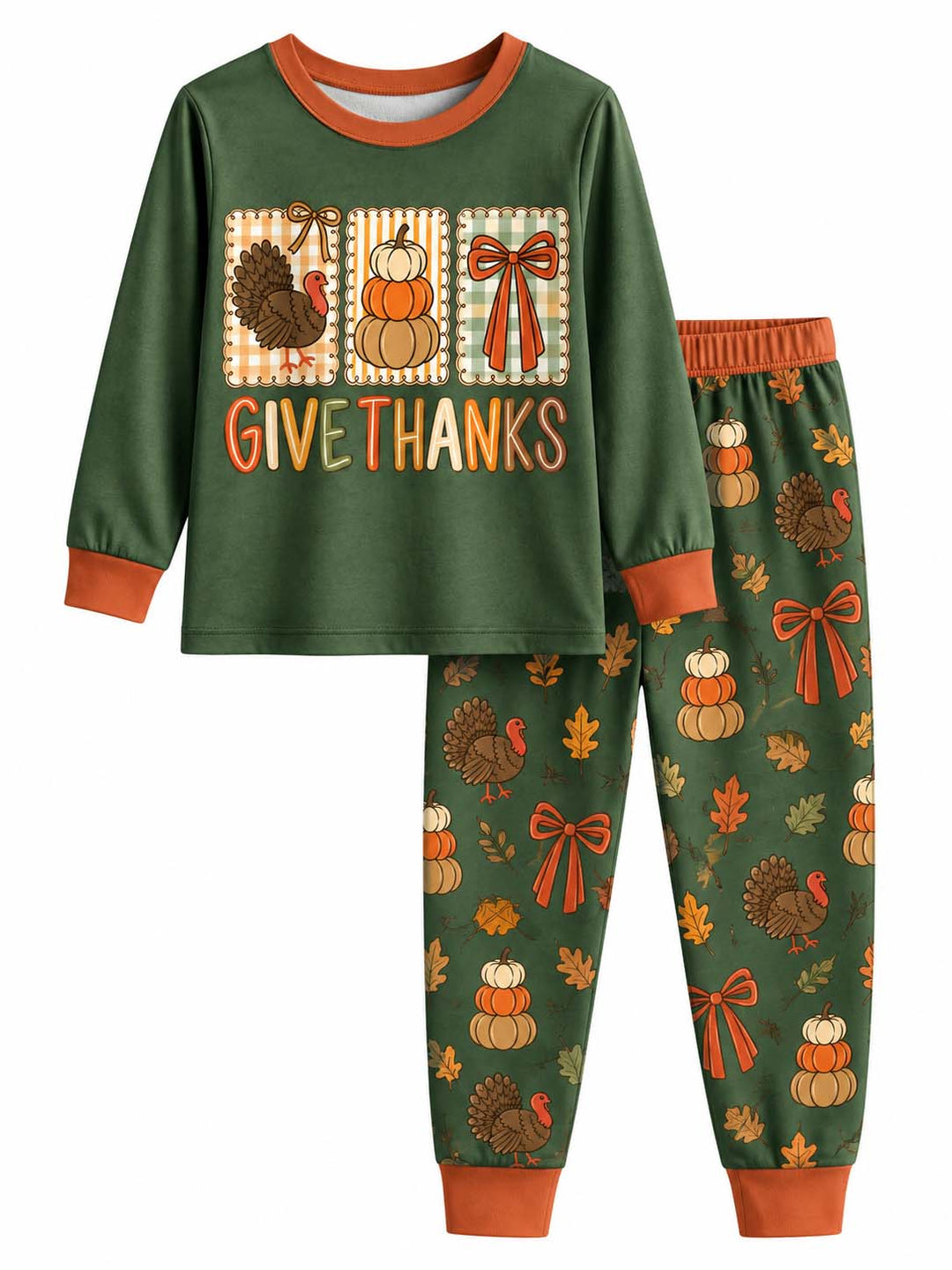 Give Thanks Turkey Pumpkin Bow Bamboo Two Piece Long Sleeve Pajama Set