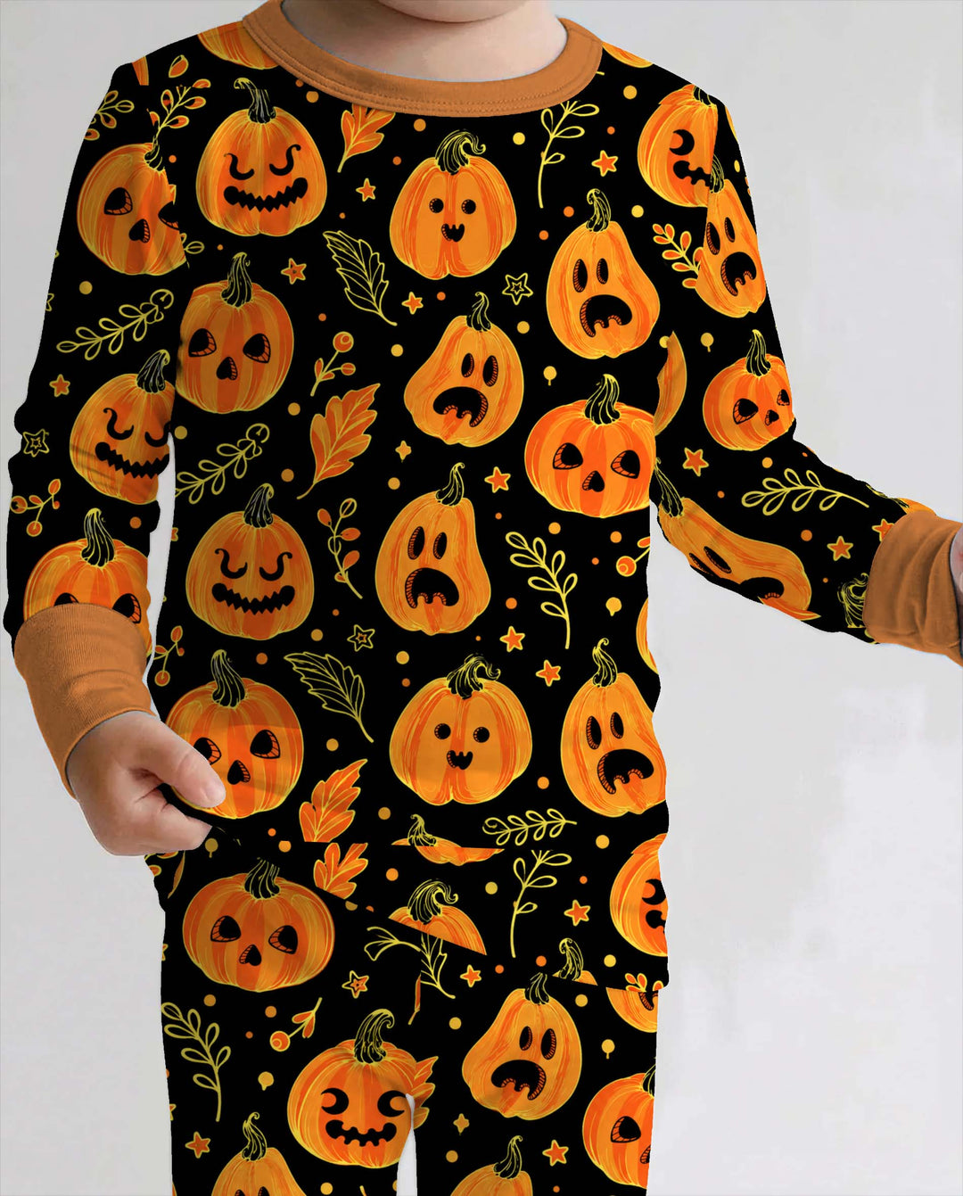 Glowing Pumpkin Faces Bamboo Two Piece Long Sleeve Pajama Set