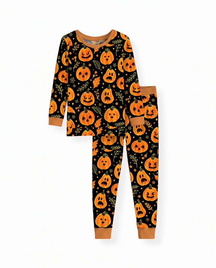 Glowing Pumpkin Faces Bamboo Two Piece Long Sleeve Pajama Set