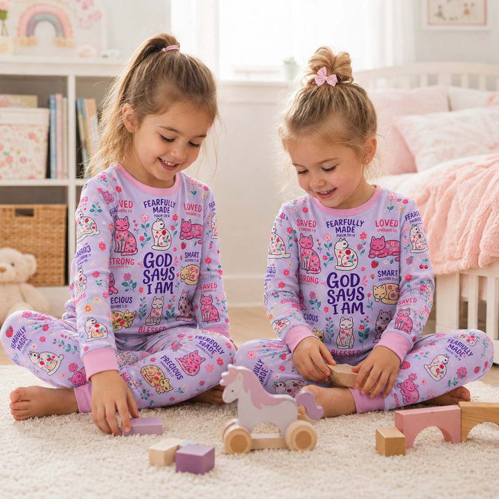 God Says I Am Floral Cats Bamboo Two Piece Long Sleeve Pajama Set