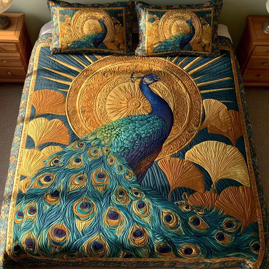 Golden Art Deco Peacock Bamboo Quilt Bedding Set