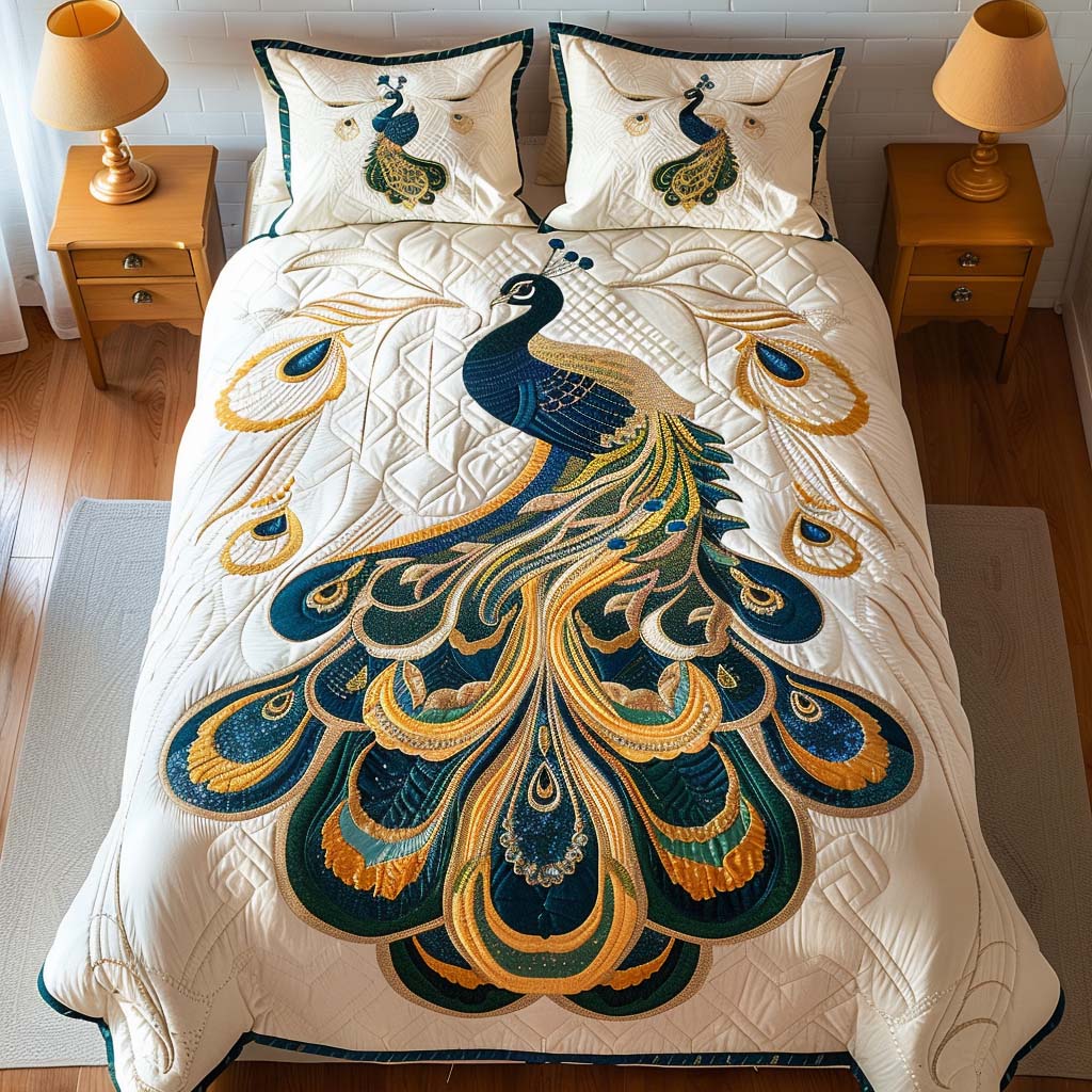 Golden Emerald Peacock Luxury Bamboo Quilt Bedding Set