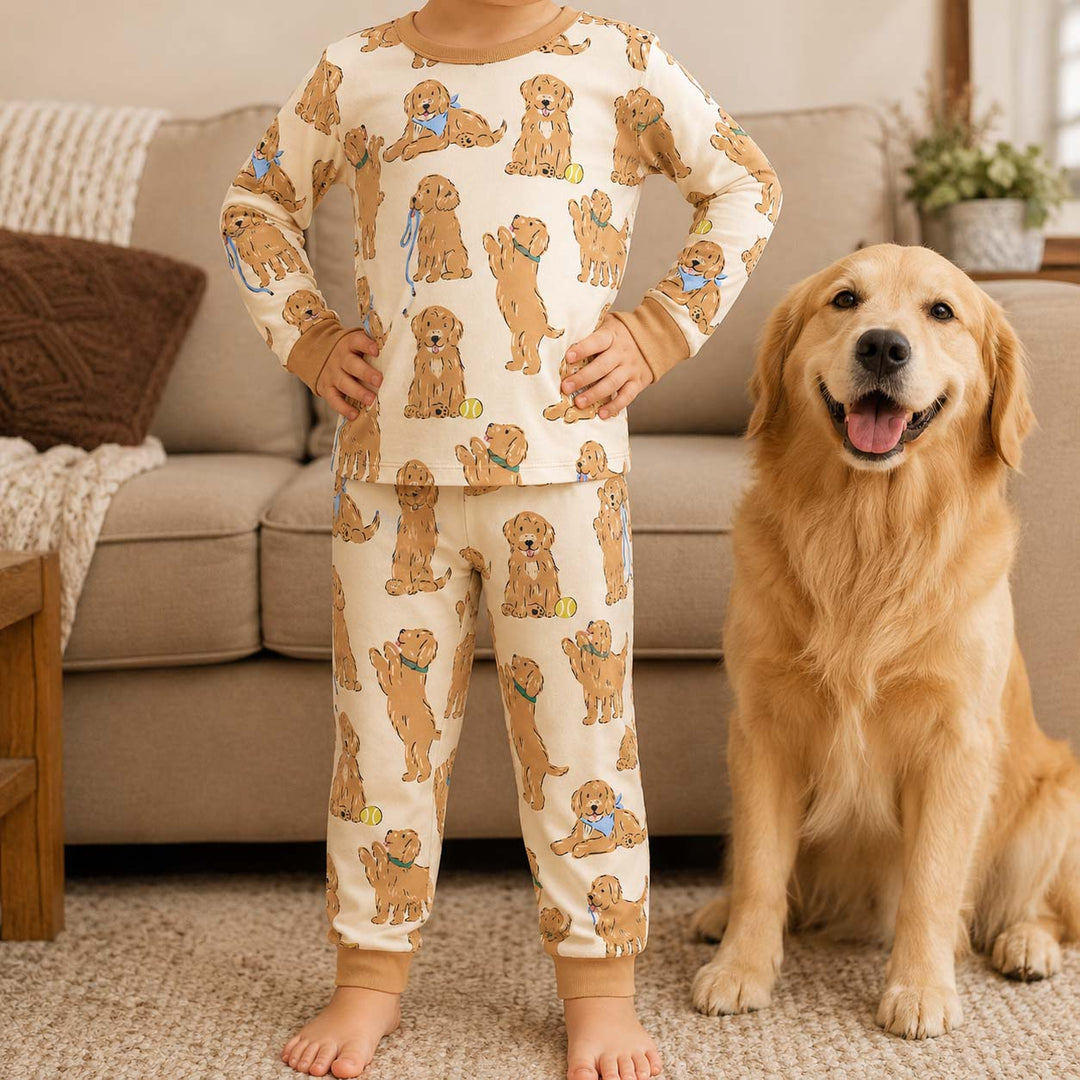 Golden Puppy Playtime Bamboo Two Piece Long Sleeve Pajama Set
