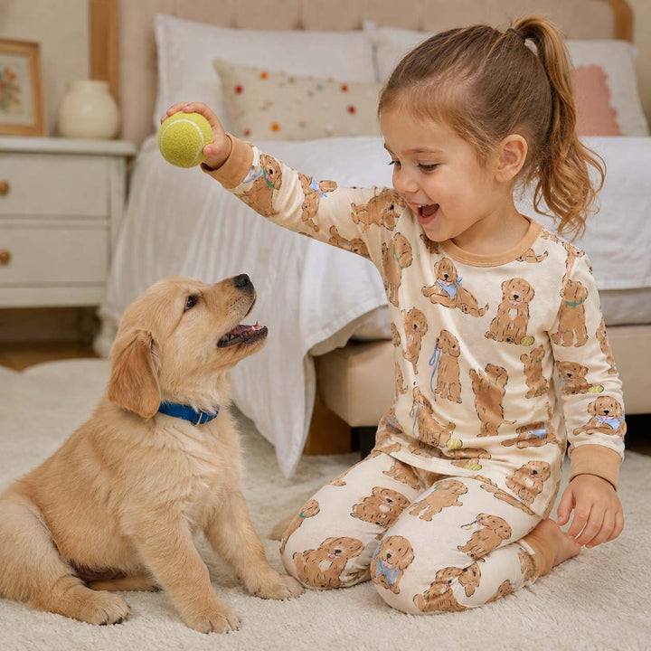 Golden Puppy Playtime Bamboo Two Piece Long Sleeve Pajama Set