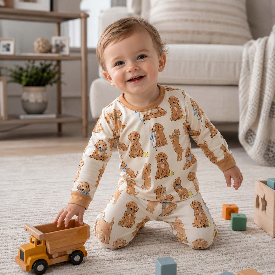 Golden Puppy Playtime Bamboo Two Piece Long Sleeve Pajama Set