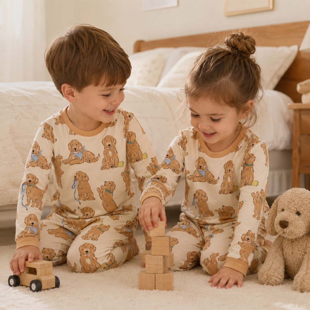 Golden Puppy Playtime Bamboo Two Piece Long Sleeve Pajama Set