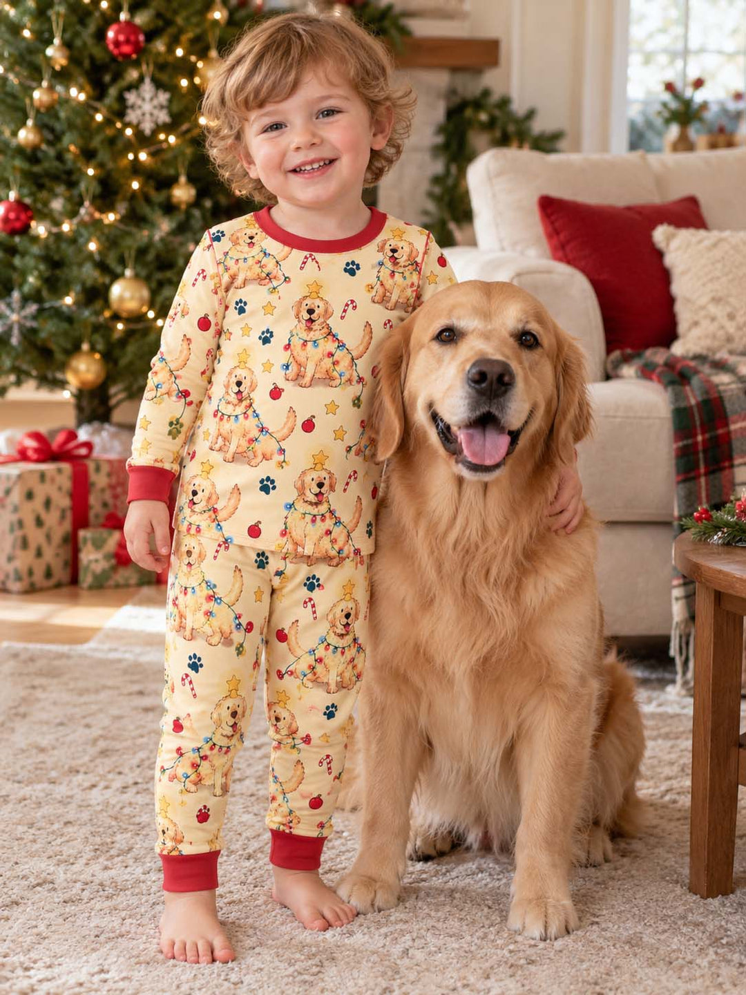Golden Retriever Christmas Lights Bamboo Two Piece Long Sleeve Pajama Set