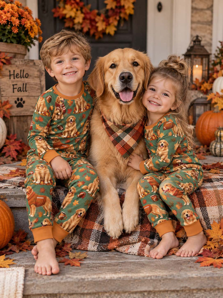 Golden Retriever Football Fall Bamboo Two Piece Long Sleeve Pajama Set