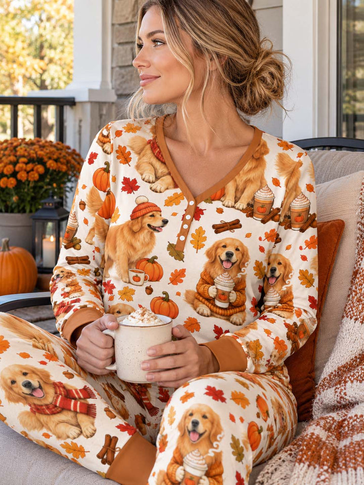 Golden Retriever Pumpkin Spice Autumn Bamboo Women Pajama Set