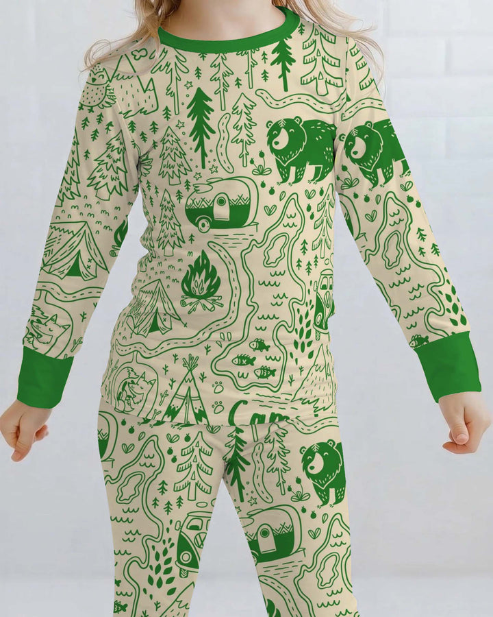 Green Woodland Camping Pattern Bamboo Two Piece Long Sleeve Pajama Set