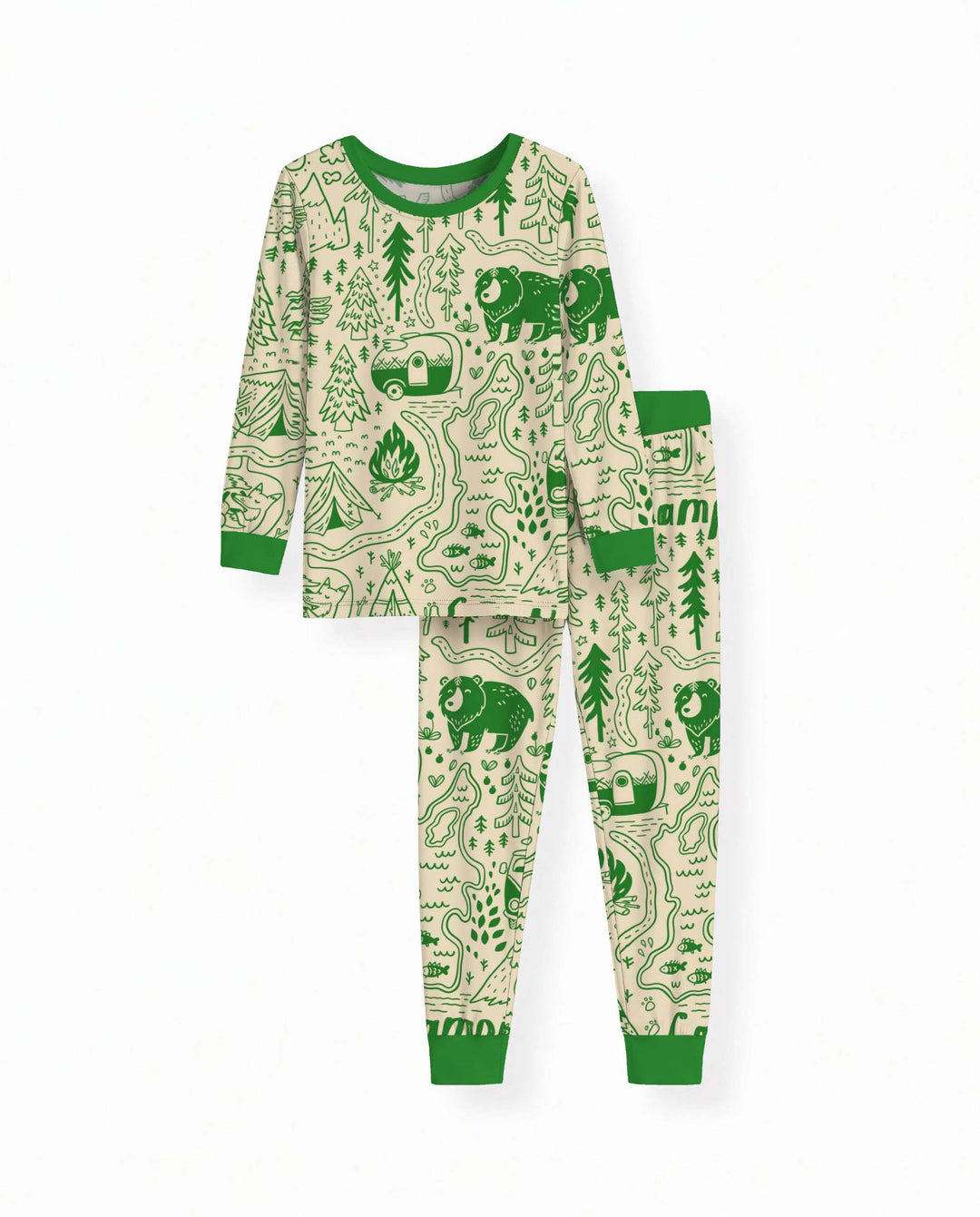 Green Woodland Camping Pattern Bamboo Two Piece Long Sleeve Pajama Set
