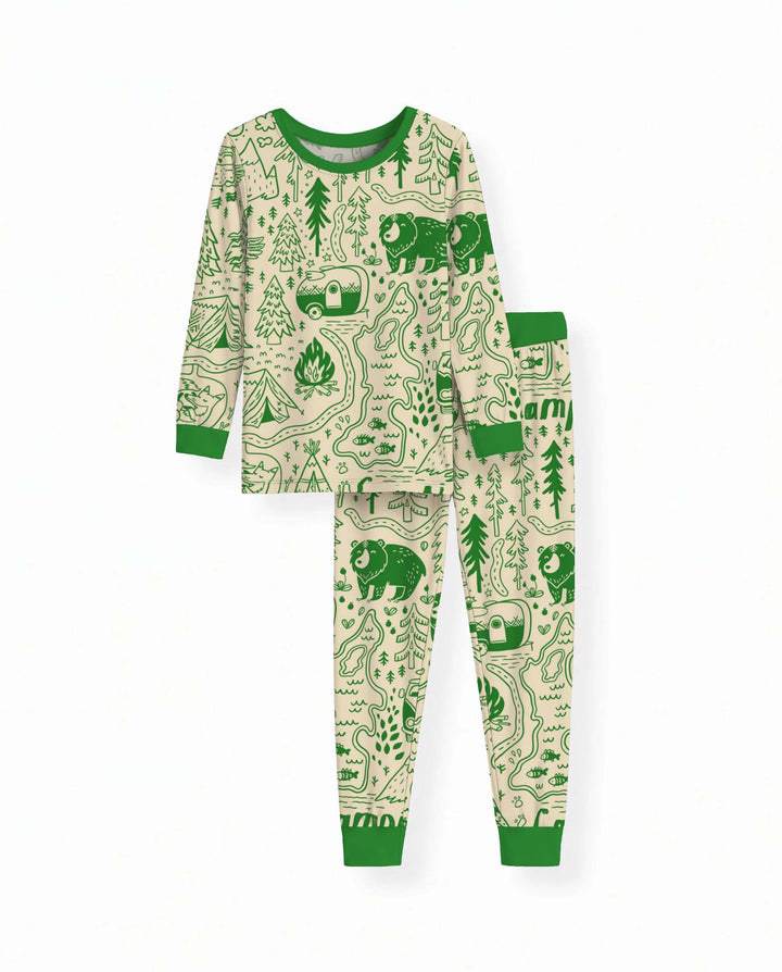 Green Woodland Camping Pattern Bamboo Two Piece Long Sleeve Pajama Set