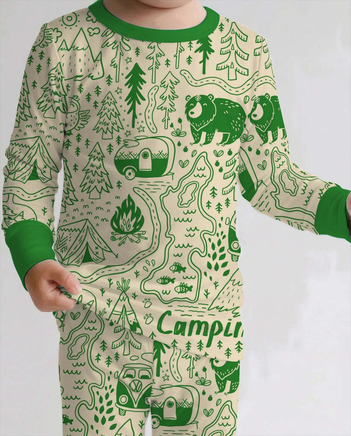 Green Woodland Camping Pattern Bamboo Two Piece Long Sleeve Pajama Set