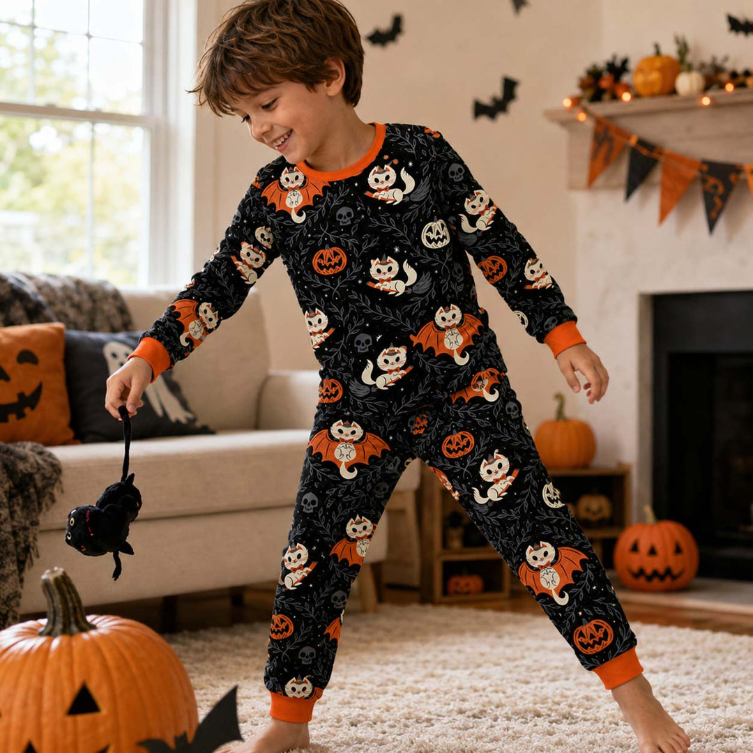Halloween Bat Cats Bamboo Two Piece Long Sleeve Pajama Set