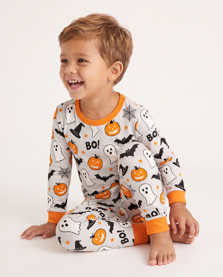 Halloween Boo & Kürbis im Dunkeln leuchtendes zweiteiliges Bambus-Schlafanzugset mit langen Ärmeln