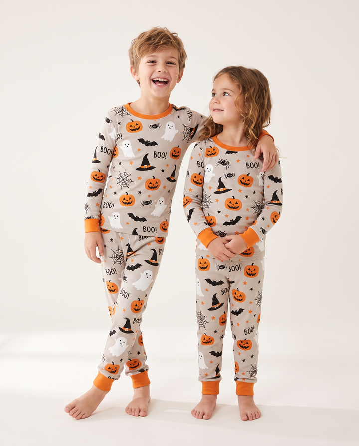 Halloween Boo & Kürbis im Dunkeln leuchtendes zweiteiliges Bambus-Schlafanzugset mit langen Ärmeln