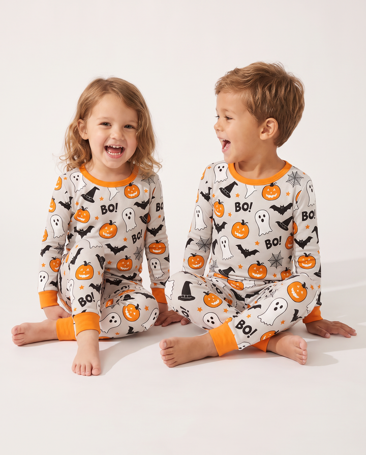 Halloween Boo & Kürbis im Dunkeln leuchtendes zweiteiliges Bambus-Schlafanzugset mit langen Ärmeln