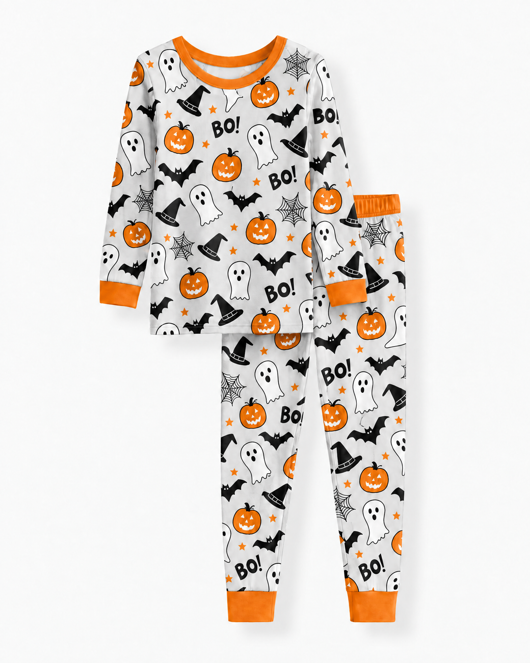 Halloween Boo & Kürbis im Dunkeln leuchtendes zweiteiliges Bambus-Schlafanzugset mit langen Ärmeln