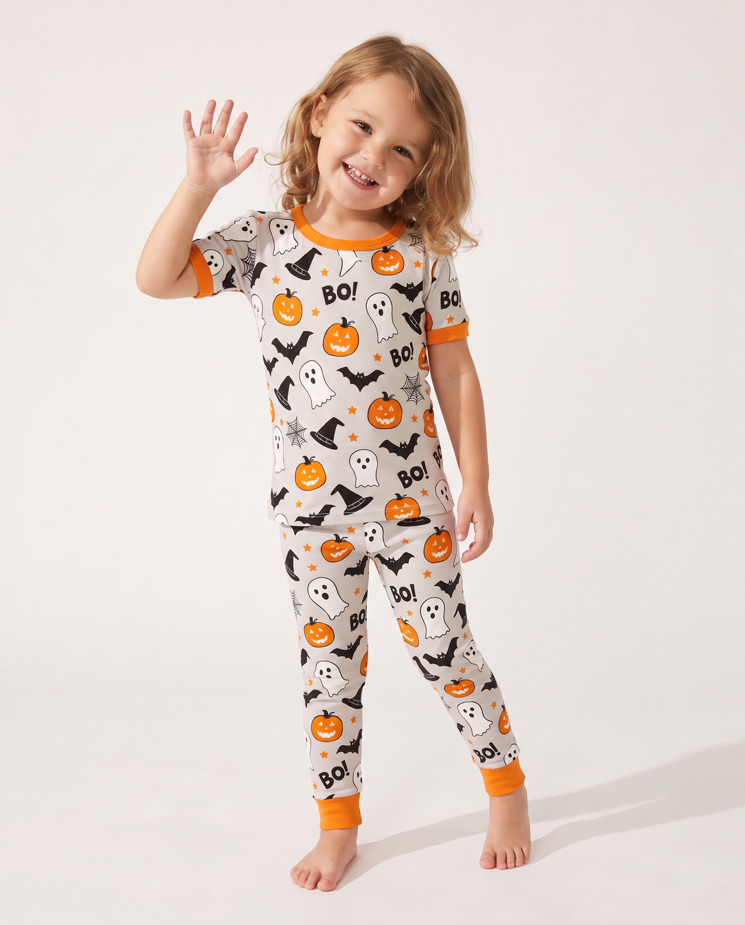 Halloween Boo & Pumpkin Glow In The Dark Zweiteiliger Schlafanzug mit kurzen Ärmeln aus Bambus