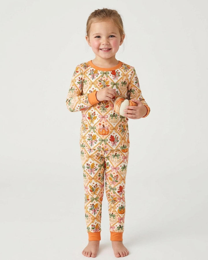 Retro Fall Pumpkin Bow Bamboo Two Piece Long Sleeve Pajama Set