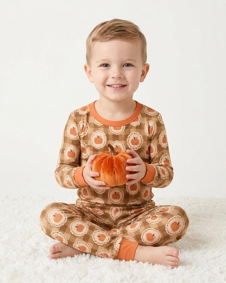 Folksy Framed Gingham Pumpkin Bamboo Two Piece Long Sleeve Pajama Set