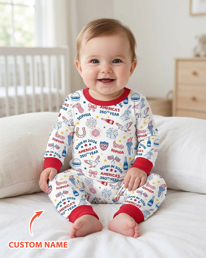 Born in 2026 America’s 250th Year Custom Name Bamboo Two Piece Long Sleeve Pajama Set