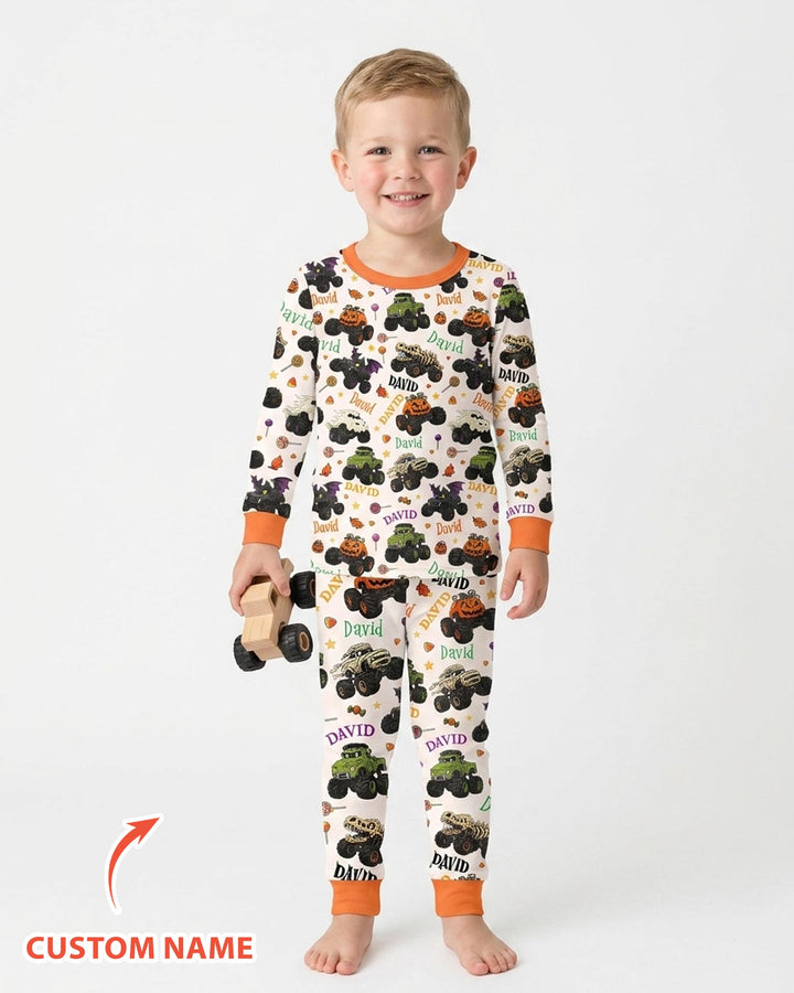 Spooky Monster Truck Custom Name Bamboo Two Piece Long Sleeve Pajama Set