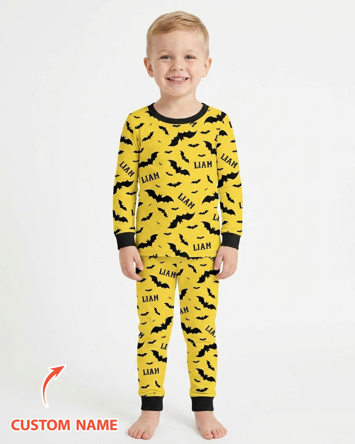 Black Bat Halloween Custom Name Bamboo Two Piece Long Sleeve Pajama Set