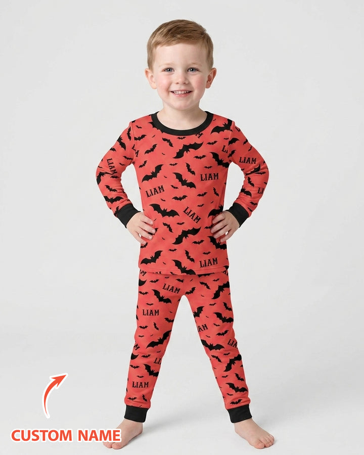 Black Bat Halloween Custom Name Bamboo Two Piece Long Sleeve Pajama Set