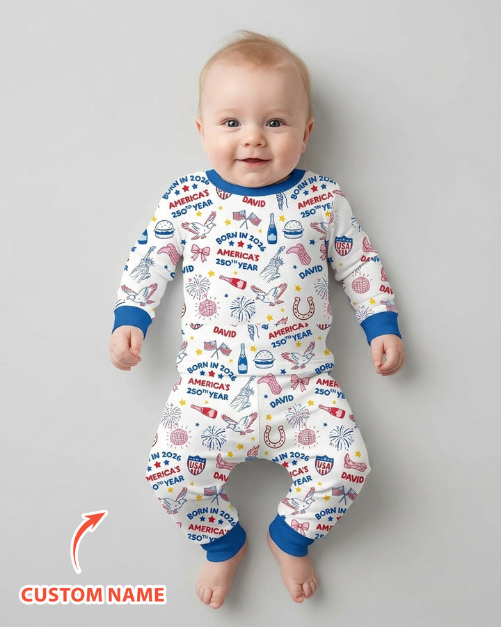 Born in 2026 America’s 250th Year Custom Name Bamboo Two Piece Long Sleeve Pajama Set