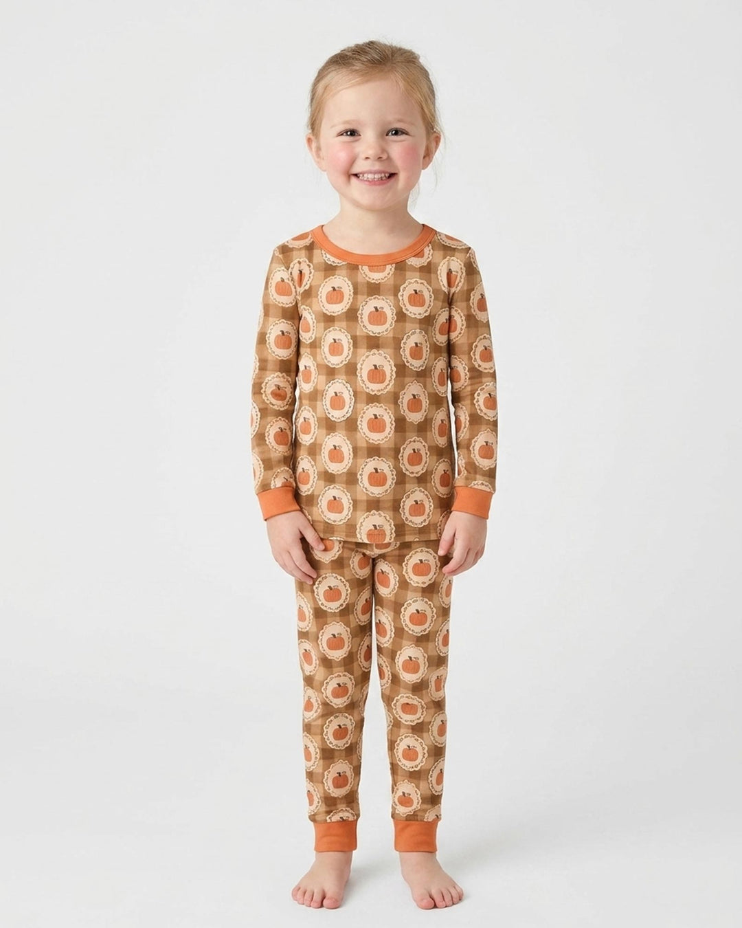 Folksy Framed Gingham Pumpkin Bamboo Two Piece Long Sleeve Pajama Set