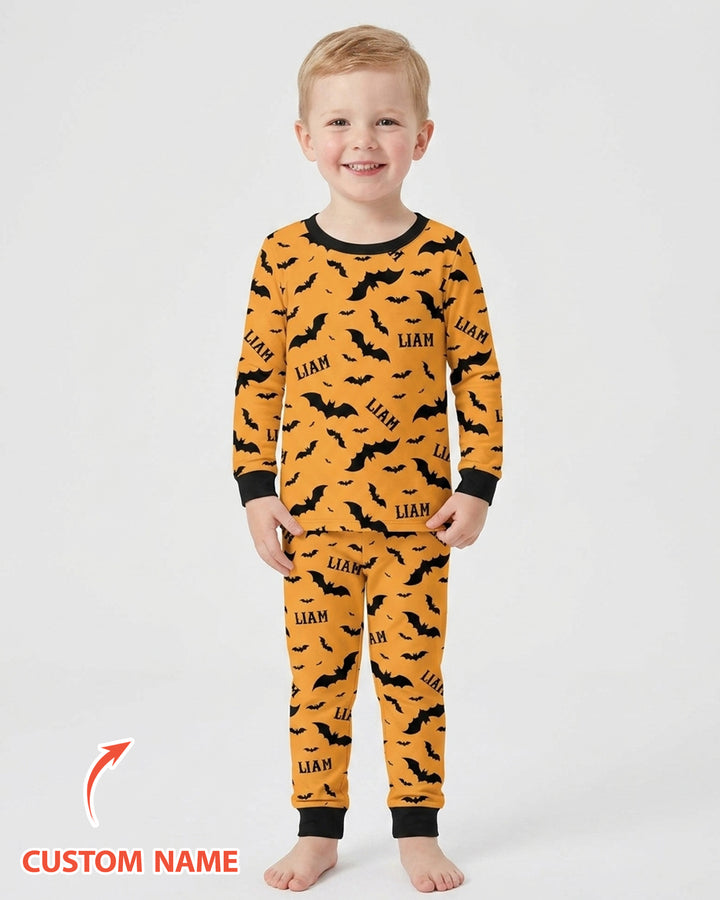 Black Bat Halloween Custom Name Bamboo Two Piece Long Sleeve Pajama Set