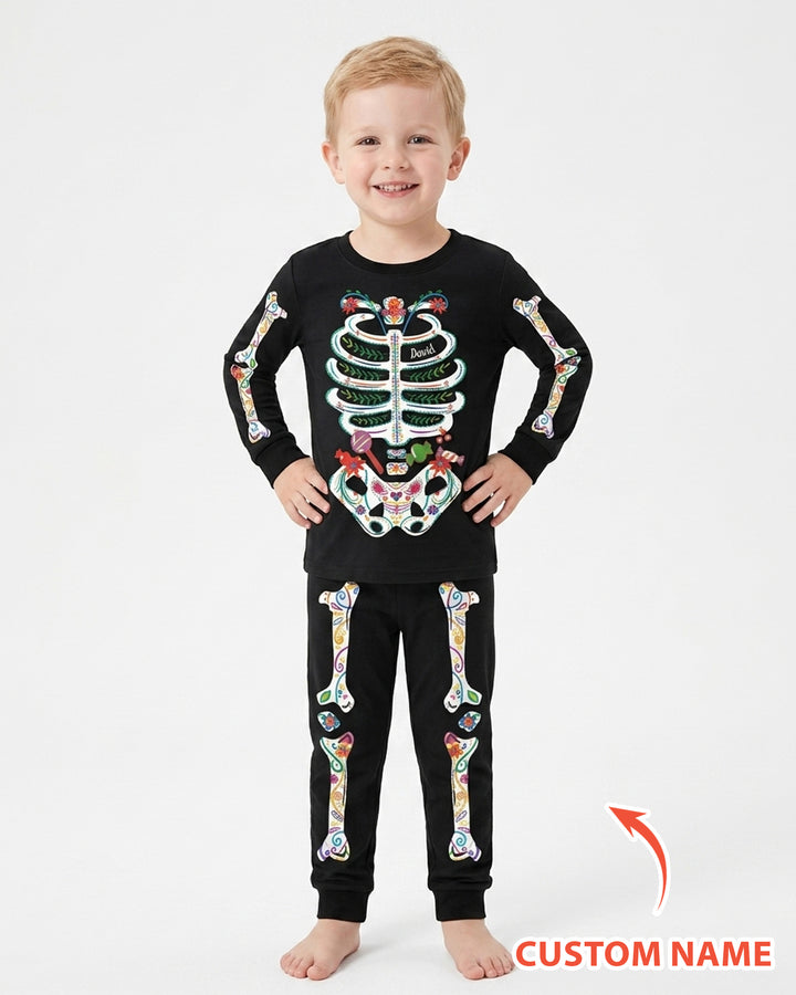 Custom Mexican Halloween Floral Skeleton Bamboo Two Piece Long Sleeve Pajama Set