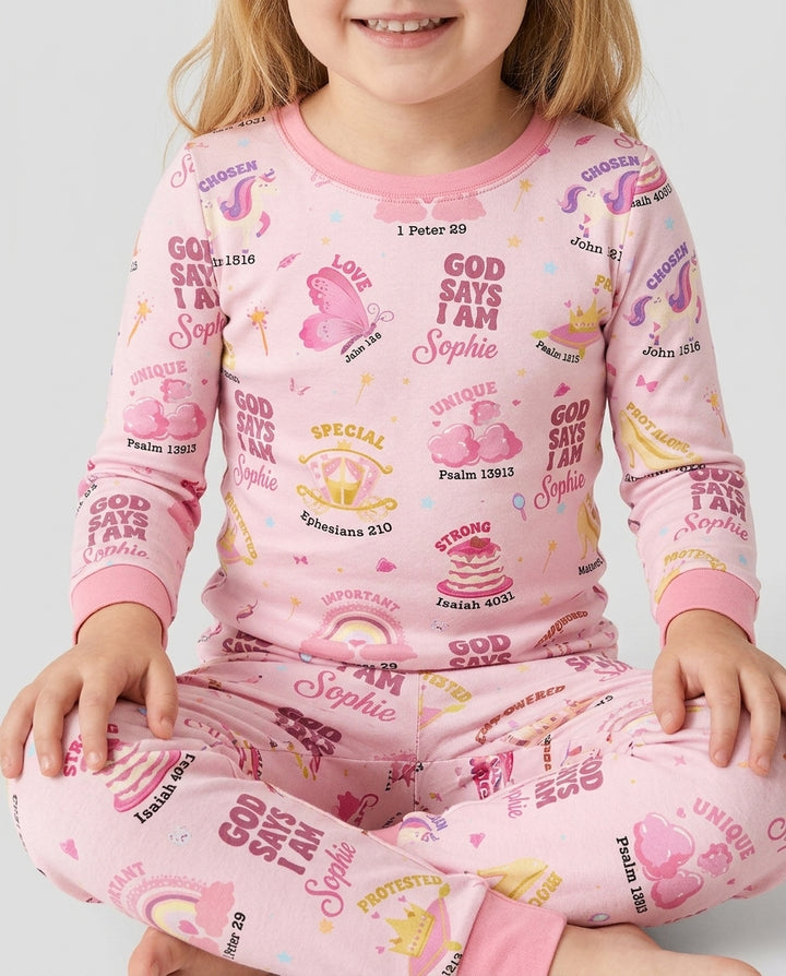 God Says I Am Custom Name - Dreamy Princess Bamboo Two Piece Long Sleeve Pajama Set
