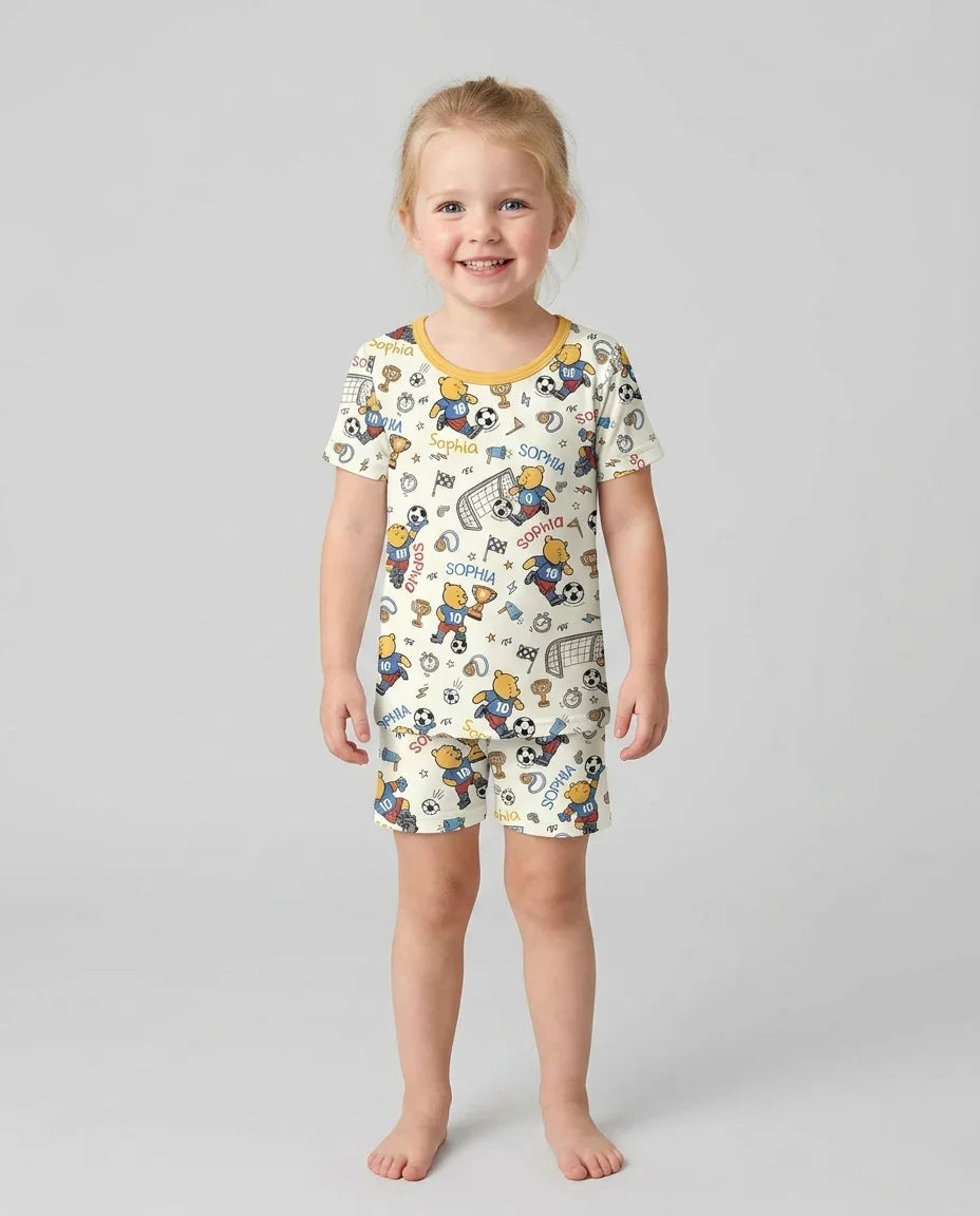 Personalized Classic Bear World Soccer Bamboo Two Piece Short Sleeve Shorts Pajama Set