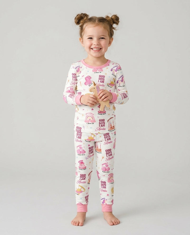 God Says I Am Custom Name - Dreamy Princess Bamboo Two Piece Long Sleeve Pajama Set