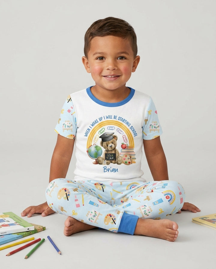 Custom Name When I Wake Up I Will Be Starting School Bamboo Two Piece Short Sleeve Pajama Set