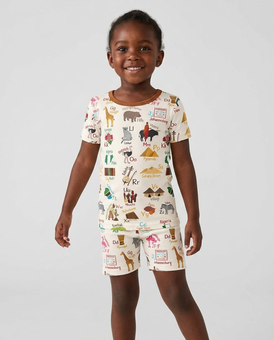 Explore Africa Geography Alphabet Bamboo Two Piece Short Sleeve Shorts Pajama Set
