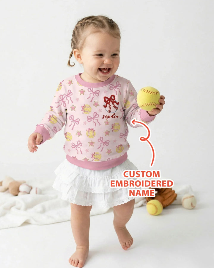 Custom Embroidered Softball Bow Baby Bamboo Crewneck Sweatshirt